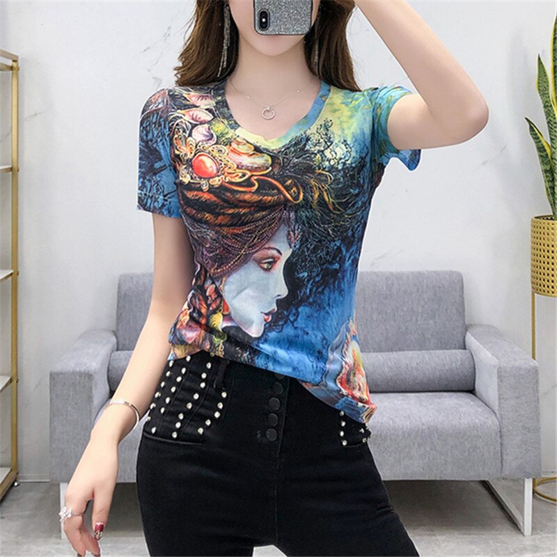 #6009 Short Sleeve T Shirt With 3d Print Casual Vintage T-shirt Femme Sexy Skinny Women T-shirt O Neck Mesh Tops Fashion Summer alx