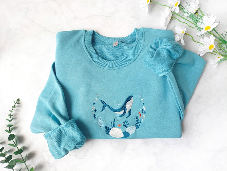 Blue Ocean Embroidered Sweatshirt Crewneck Sweatshirt All Over Print Sweatshirt For Women Sweatshirt For Men Sws2681