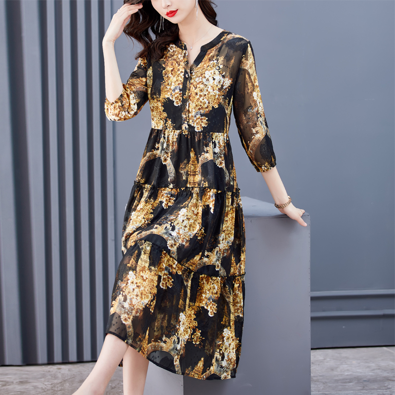 ZUO MAN RU Women Flower Print Chiffon Dresses Sexy O Neck Hollow Out Long Sleeve Dress Female Elegant A Line Party Vestidos 2022 alx