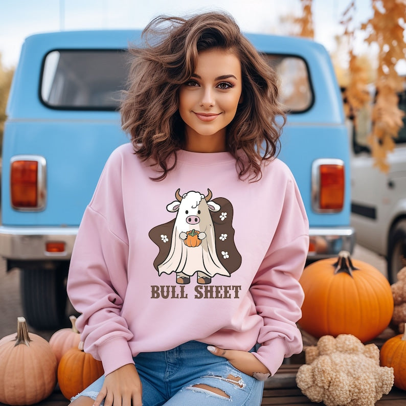 Bull Sheet Sweatshirt, Halloween Sweatshirt, Ghost Sweatshirt, Cute Spooky Crewneck Sweatshirt All Over Print Sweatshirt For Women Sweatshirt For Men