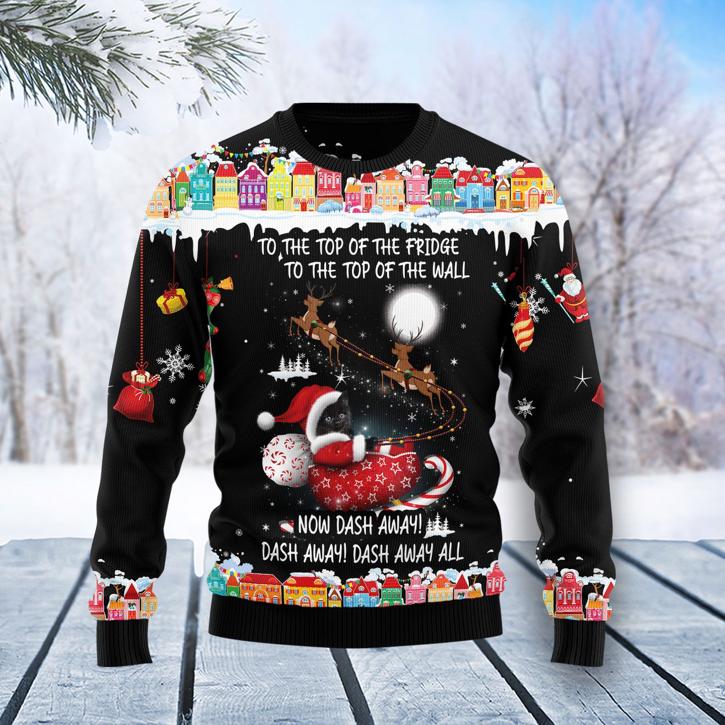 Black Cat Sleigh Christmas Ugly Christmas Sweater | For Men & Women | Adult | Us5193