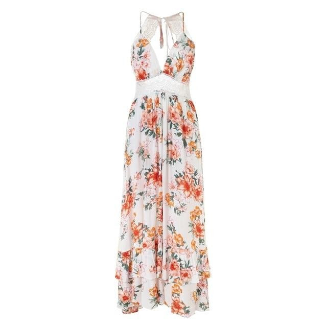 Boho Print Backless Long Summer Floral Deep V-Neck Sexy Loose Beach Dress