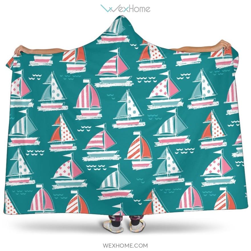 Cute Sailboat Pattern Hooded Blanket