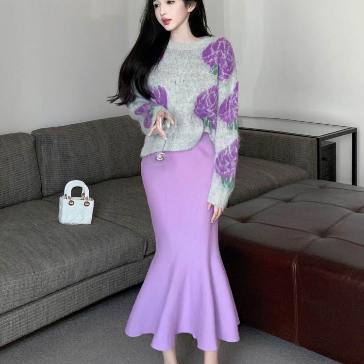 Autumn Winter Vintage Temperament Elegant Flowers Loose Sweater pullover Top And High Waist Bag Hip Mermaid Skirt 2 Pieces Set alx