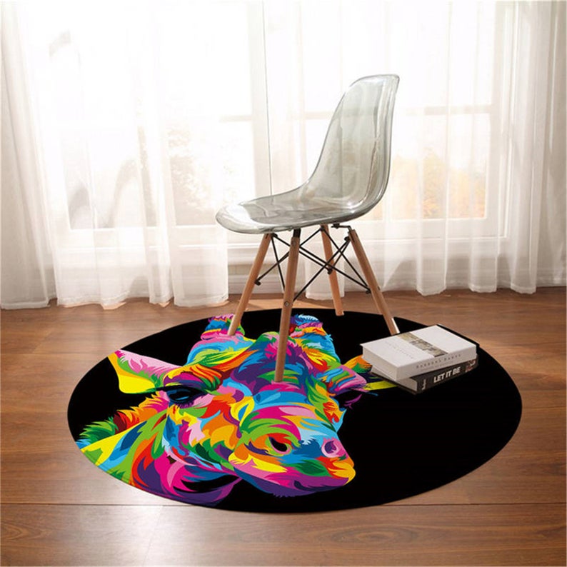 The Royal Giraffe Round Carpet Watercolor Animal Print Area Rugs Rainbow Colorful Floor Mat For Living Room