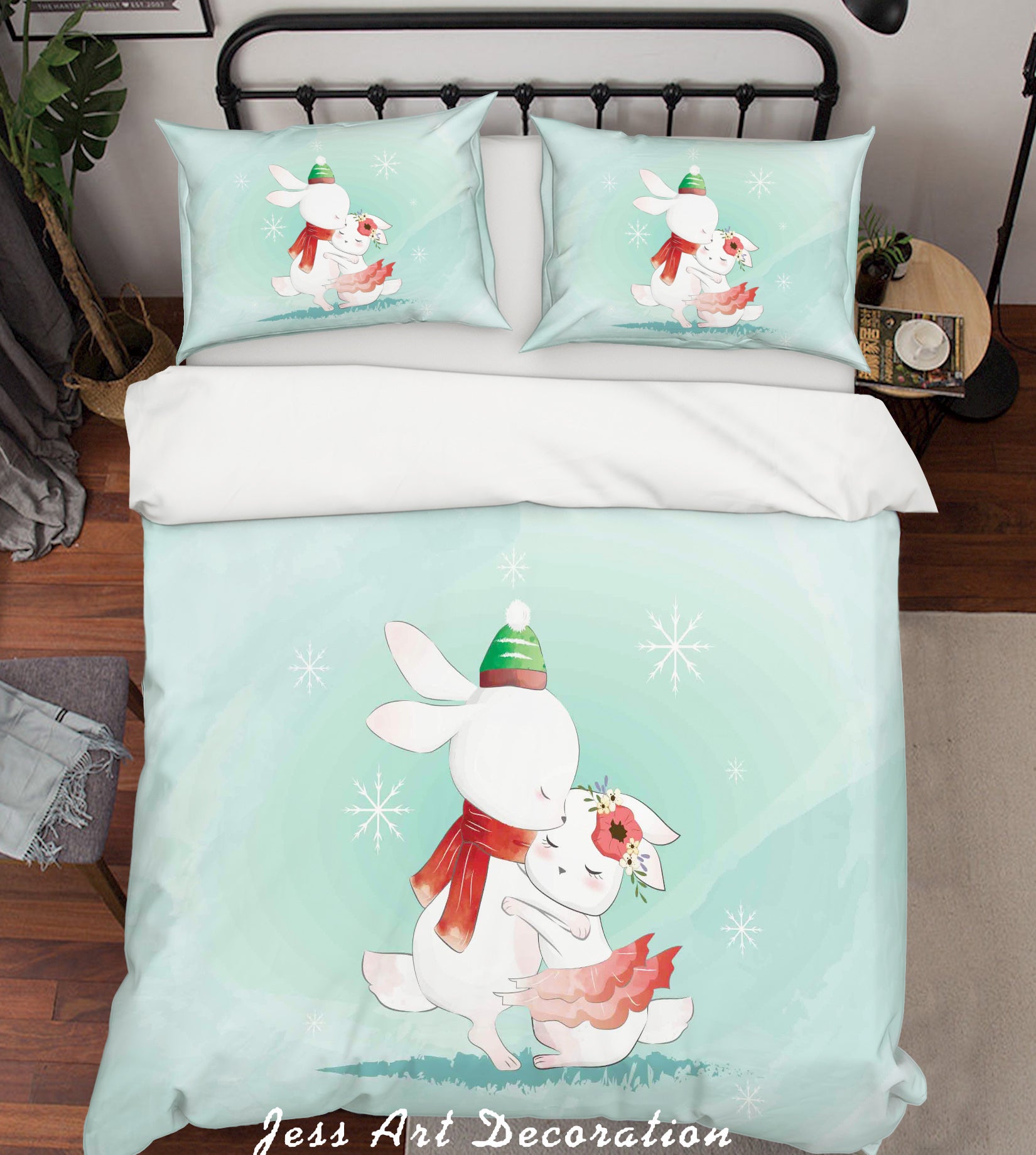 3D Green Snowflake Rabbit Quilt Cover Set Bedding Set Duvet Cover Pillowcases Sf62