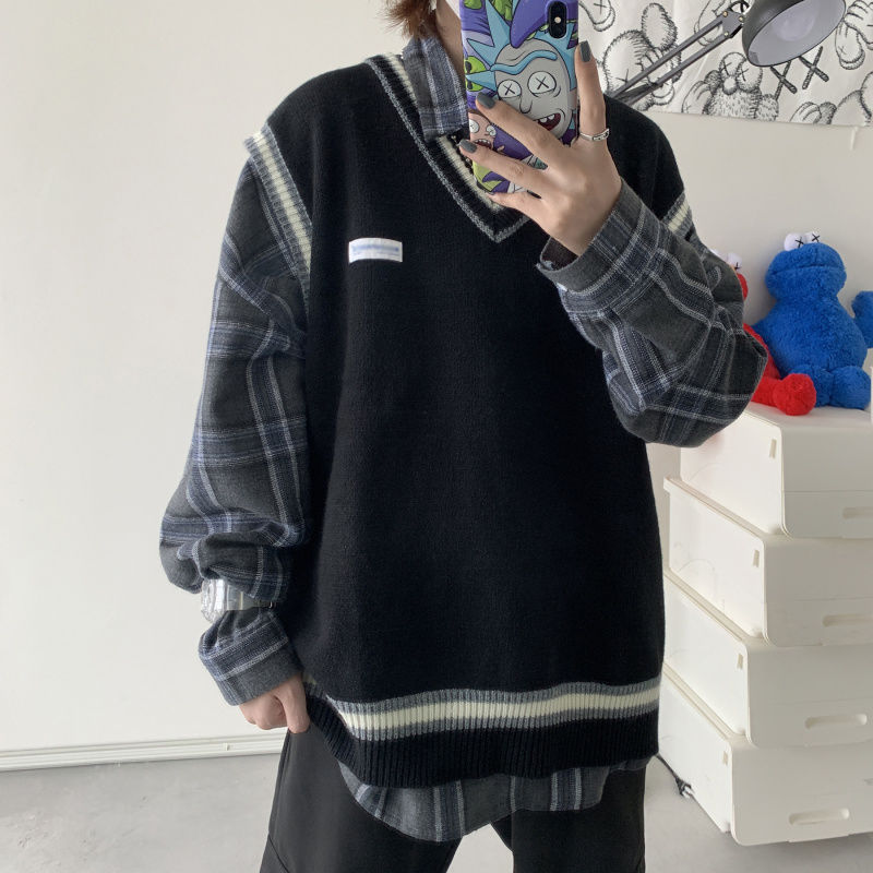 Sweater Vest Men V-neck Shrug Patchwork Knitted Couples Oversize Harajuku Vests Korean Style Leisure Streetwear Sweaters alx