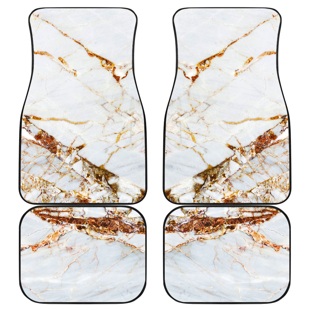 White Gold Grunge Marble Print Front And Back Car Floor Mats, Front Car Mat