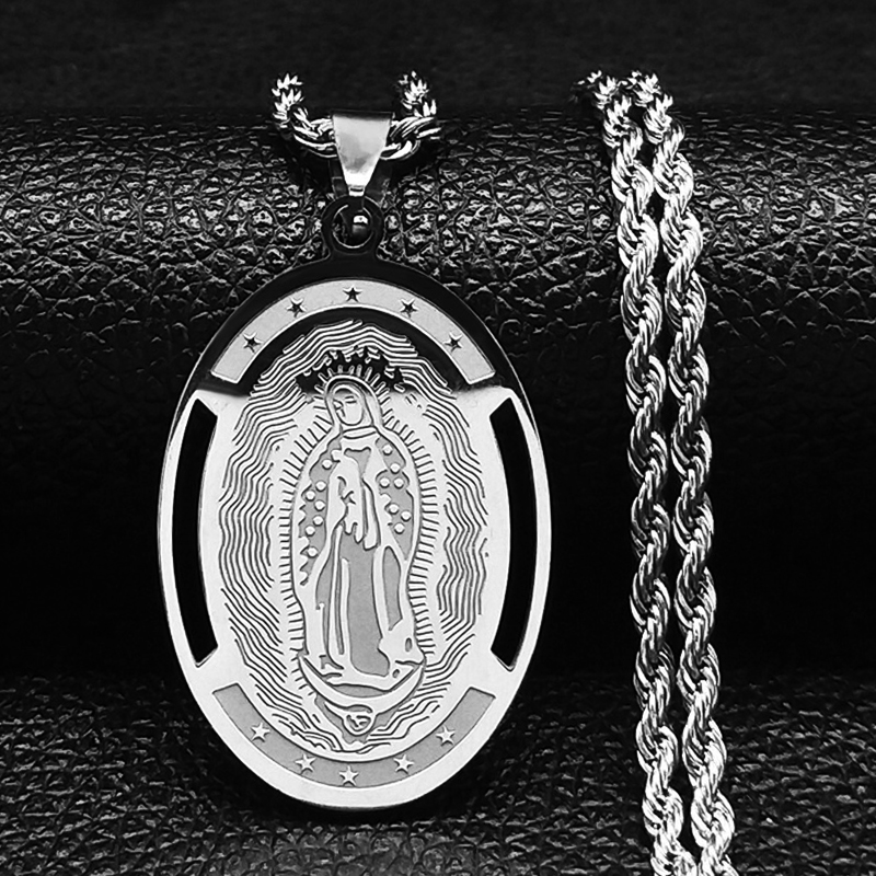 The Virgin Mary Stainless Steel Necklace Jewerly Our Lady of Guadalupe Virgin Girls Necklace Icon Medal Jewelry collares hombre alx