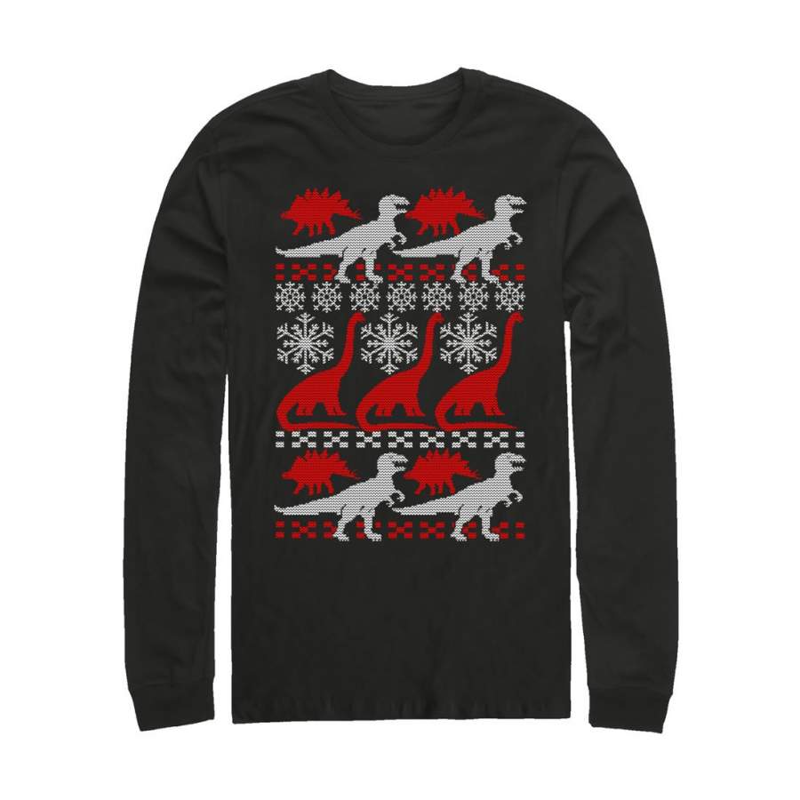 Lost Gods Men's Ugly Christmas Dinosaur Print  Long Sleeve Shirt Black