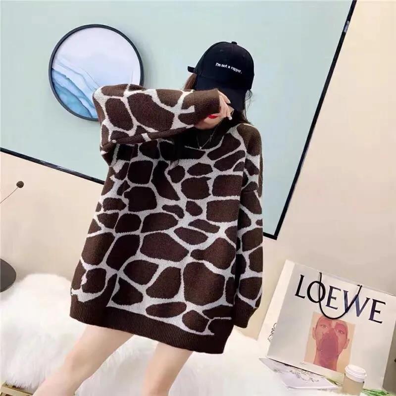 Black and white leopard knit women’s sweater Autumn and winter 2022 South Korea loose casual pullover vintage warm sweater alx