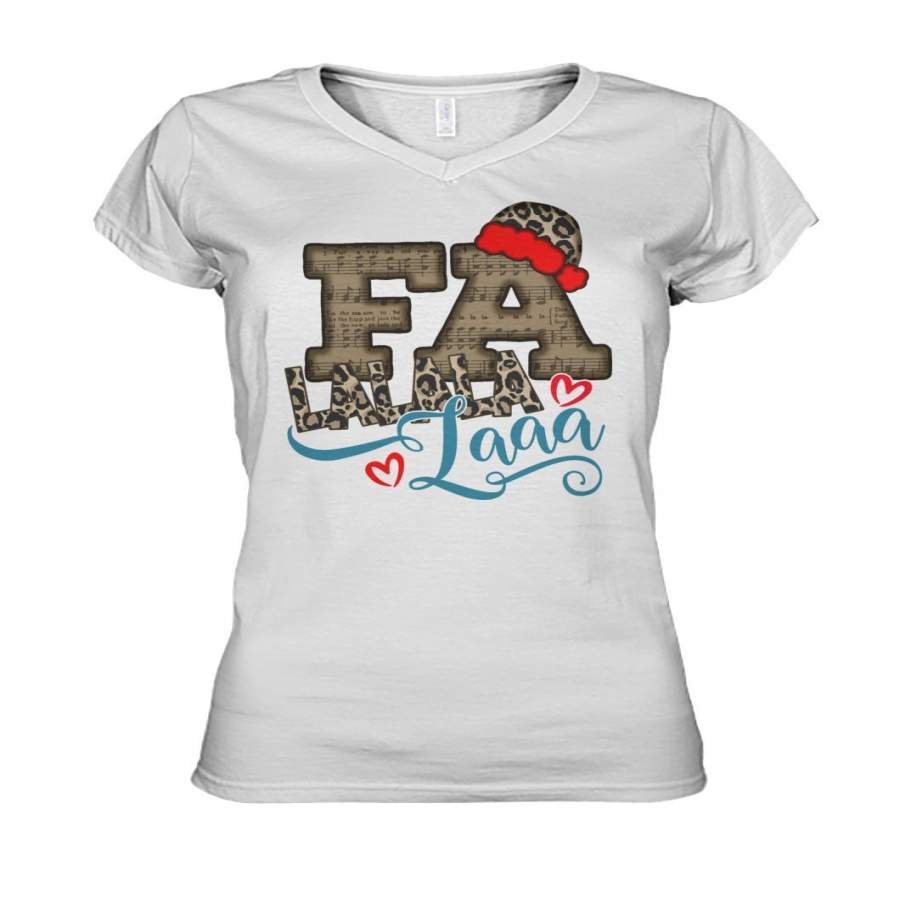 Fa Lalala Laaa Leopard Santa Hat Ladies V-Neck