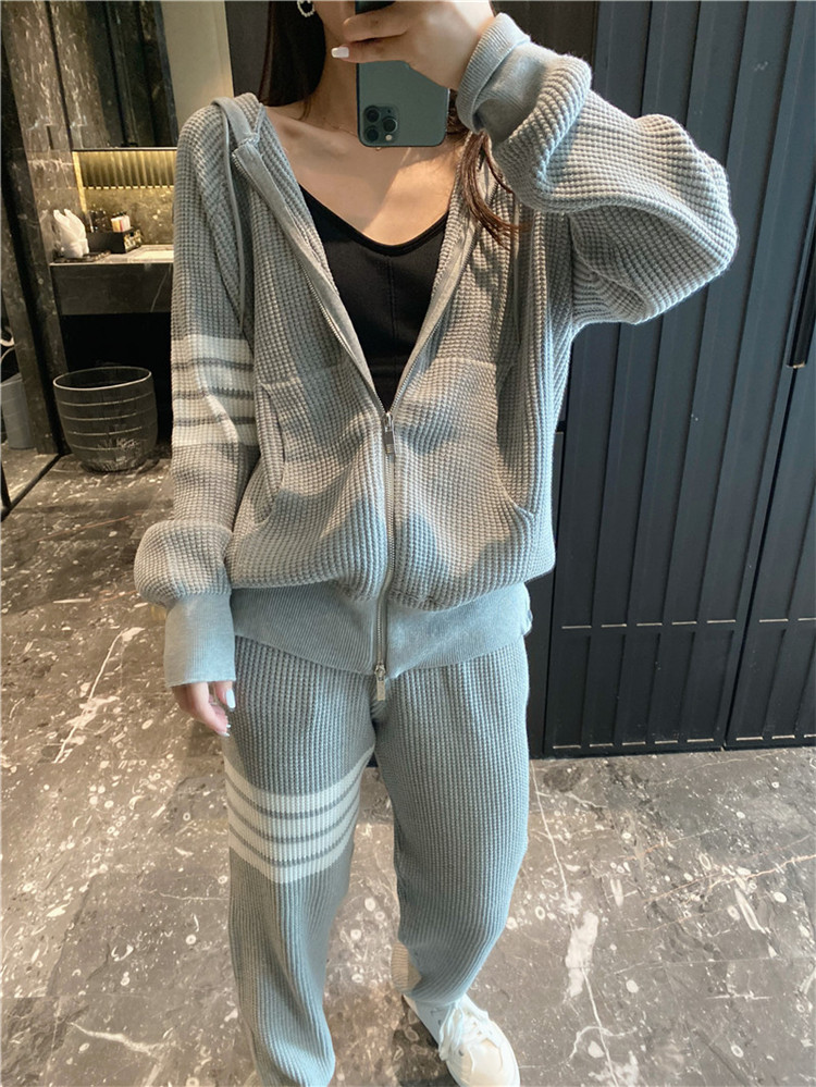 TB college style waffle suit striped knitted sweater hooded zipper cardigan jacket loose casual pencil pants alx