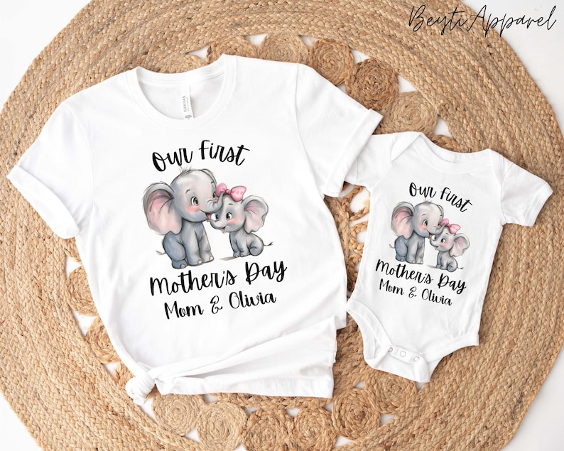 Personalized Mom & Baby Matching Elephant T-Shirts – Custom Names, Our First Mother’s Day Gift Idea – Perfect for Mother’s Day