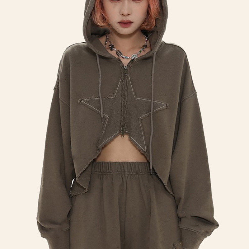 Crop Star Top Zip Up Hoodie Short Pullover Zipper Patchwork Hooded Sweatshirts Women 2022 Y2K Outfit Hippie Korean Style Clothes alx