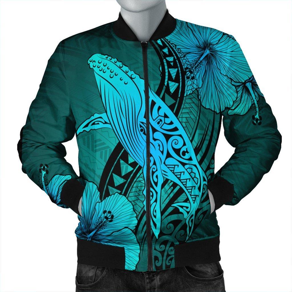 Hawaiian Map Whale Swim Hibiscus Polynesian Bomber Jacket – Turquoise