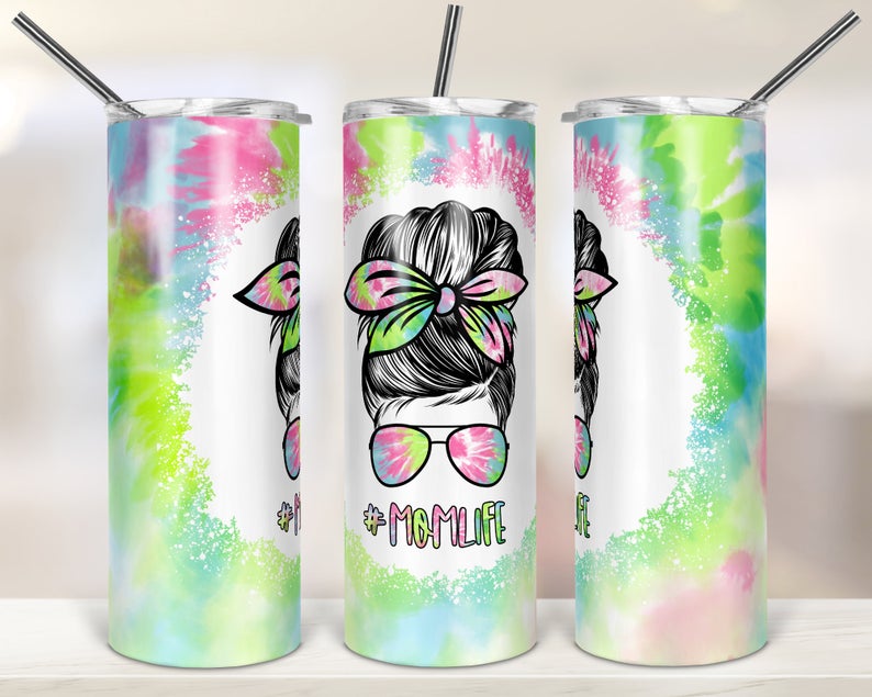 Tie-Dye Messy Mom Life Bun Hair 20Oz Skinny Tumbler, Mom Life Skinny Tumbler, Gift For Mom