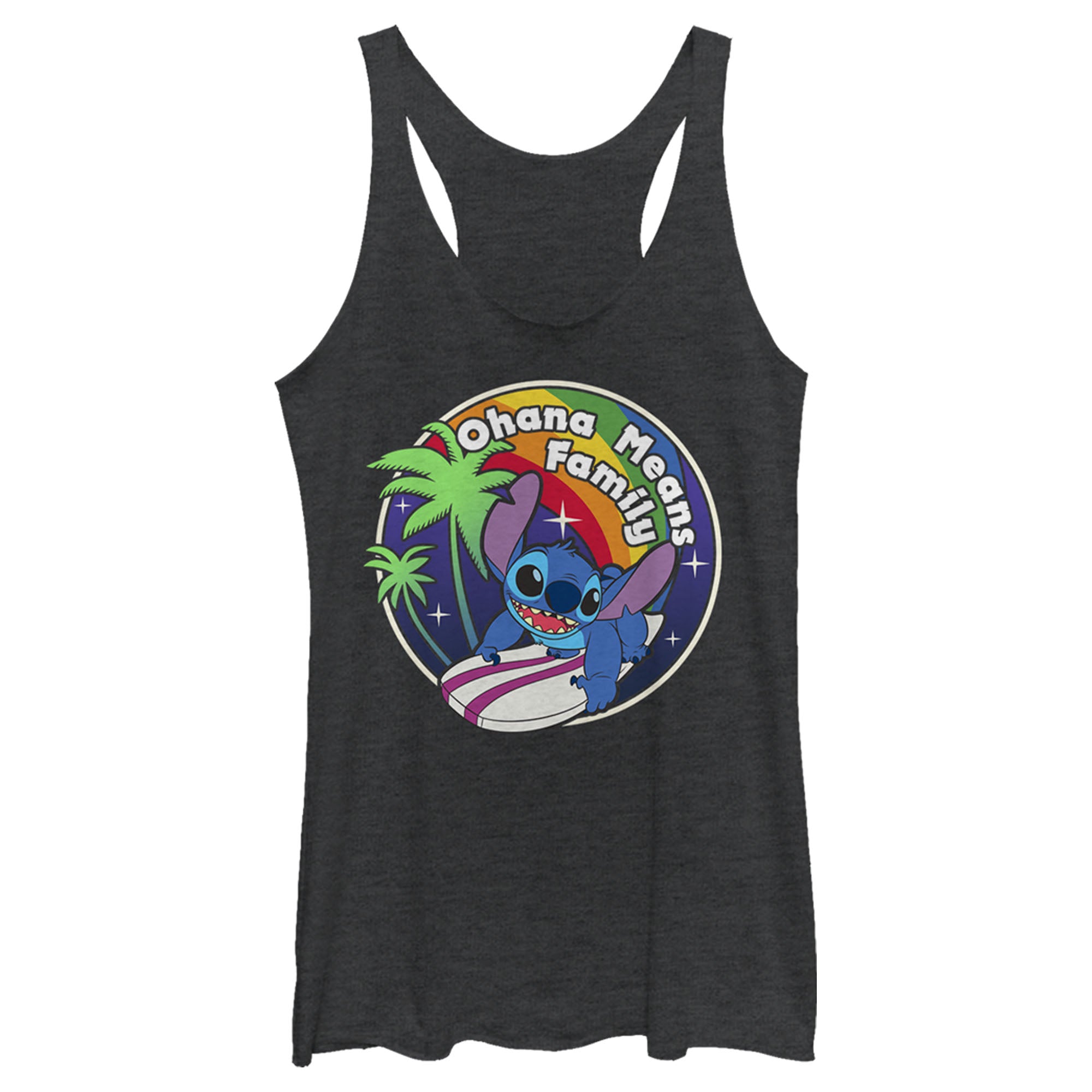 Women’S Lilo & Stitch Ohana Means Family Rainbow Surfer Stitch Racerback Tank Top