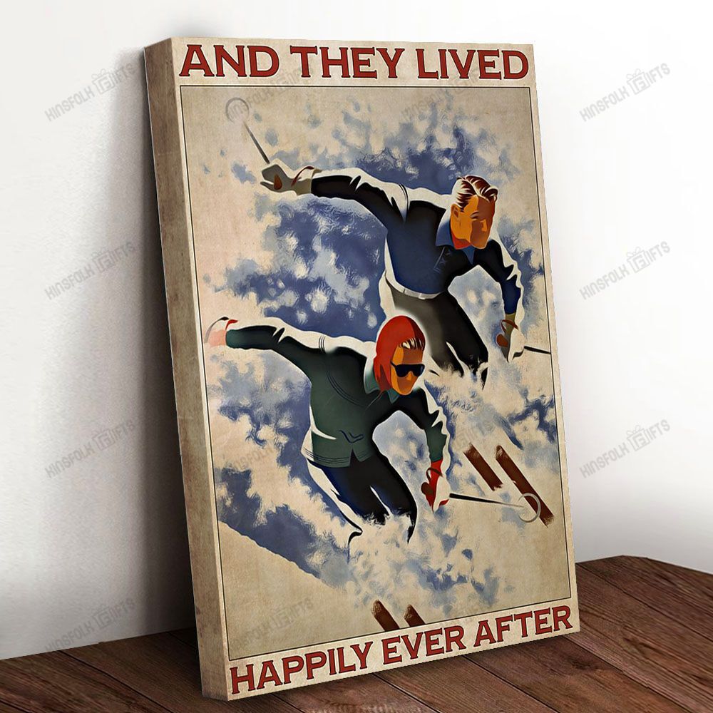 Skiing Couple And They Lived Happily Canvas Poster Wall Art, Poster Print, Canvas Print Wall Decor