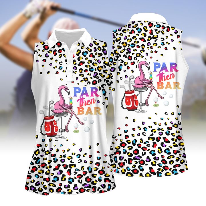 Pink Leopard Par Then Bar Flamingo Cocktail Women Short Sleeve Golf Polo Shirt For Women, Golf Apparel