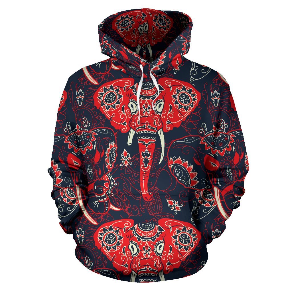 Red Indian Elephant Pattern Pullover Hoodie