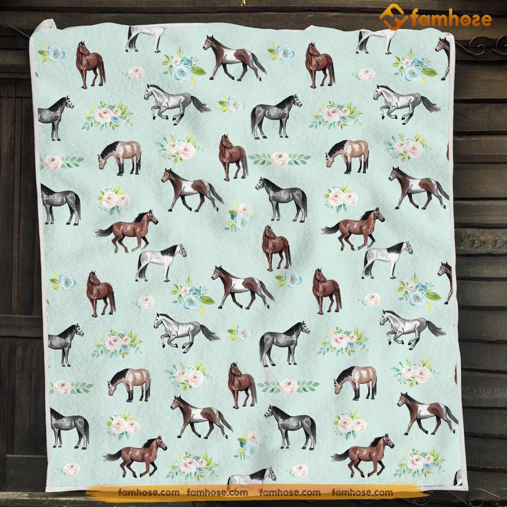 Cute Horse Blanket, Many Horses Together Flower Horses, Horse Fleece Blanket – Sherpa Blanket Gift For Horse Lover