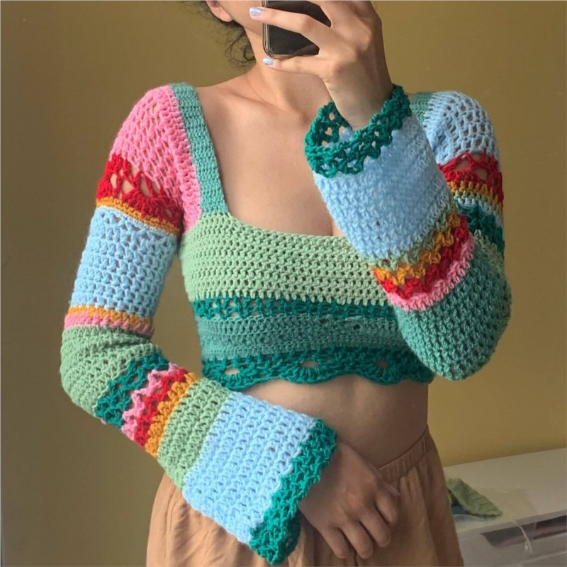 Sweater Color Stripe Colorblock Hand Long Sleeve Top Women Crop Tops Crochet Square Neck Long Sleeves Knitted Tops Streetwear alx