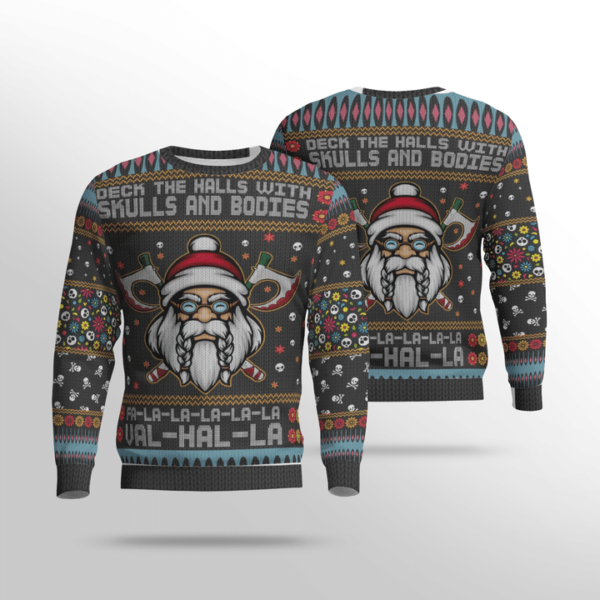 Vladoart Viking Deck The Halls With Skulls 3D Knitting Pattern Ugly Christmas Shirt