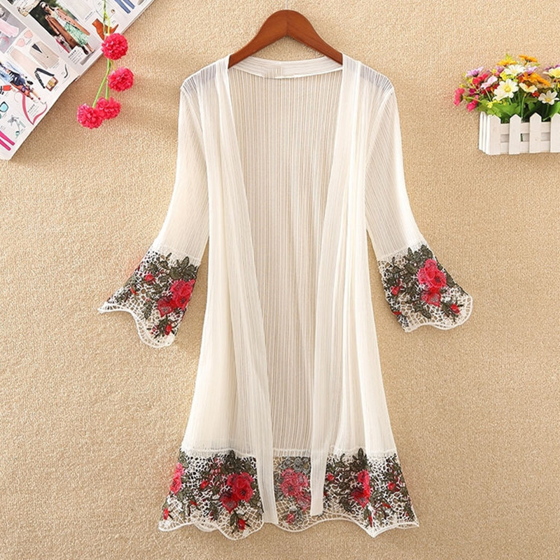 2022 Summer New Blouse Cardigan Women Embroidered Shawl Thin Coat Ladies Top Beach Sunscreen White Mesh Cardigan Outerwear Q5834 alx