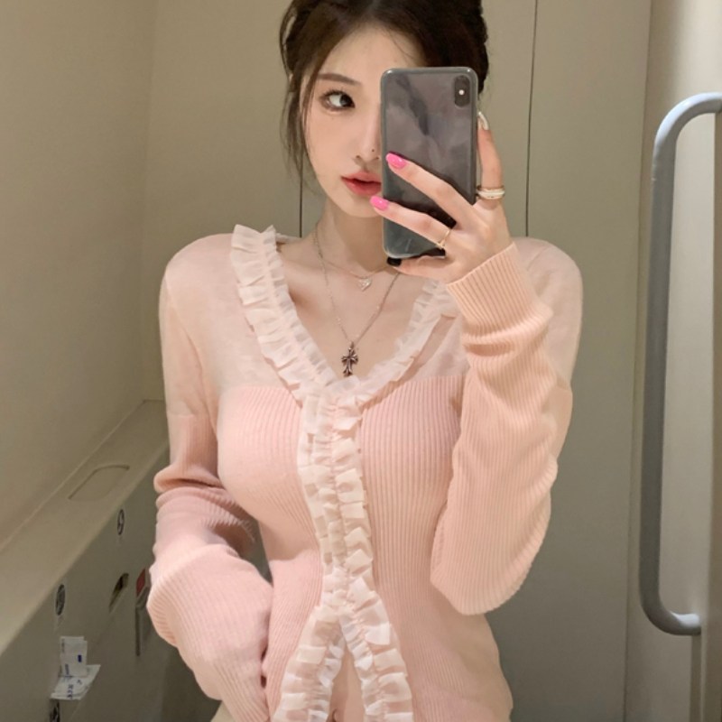 Sweet Pink Lace Ruffles Knitted Pullover Spring Autumn Women Casual V-Neck Long Sleeve Slim Sweater Female Korean Knitwear Tops alx