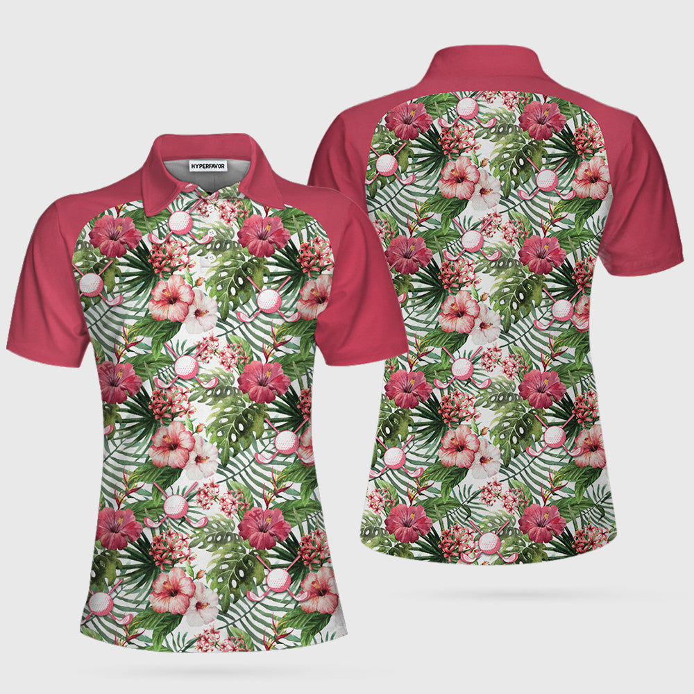 Golf Ball On Tropical Flowers Background Short Sleeve Women Polo Shirt Coolspod