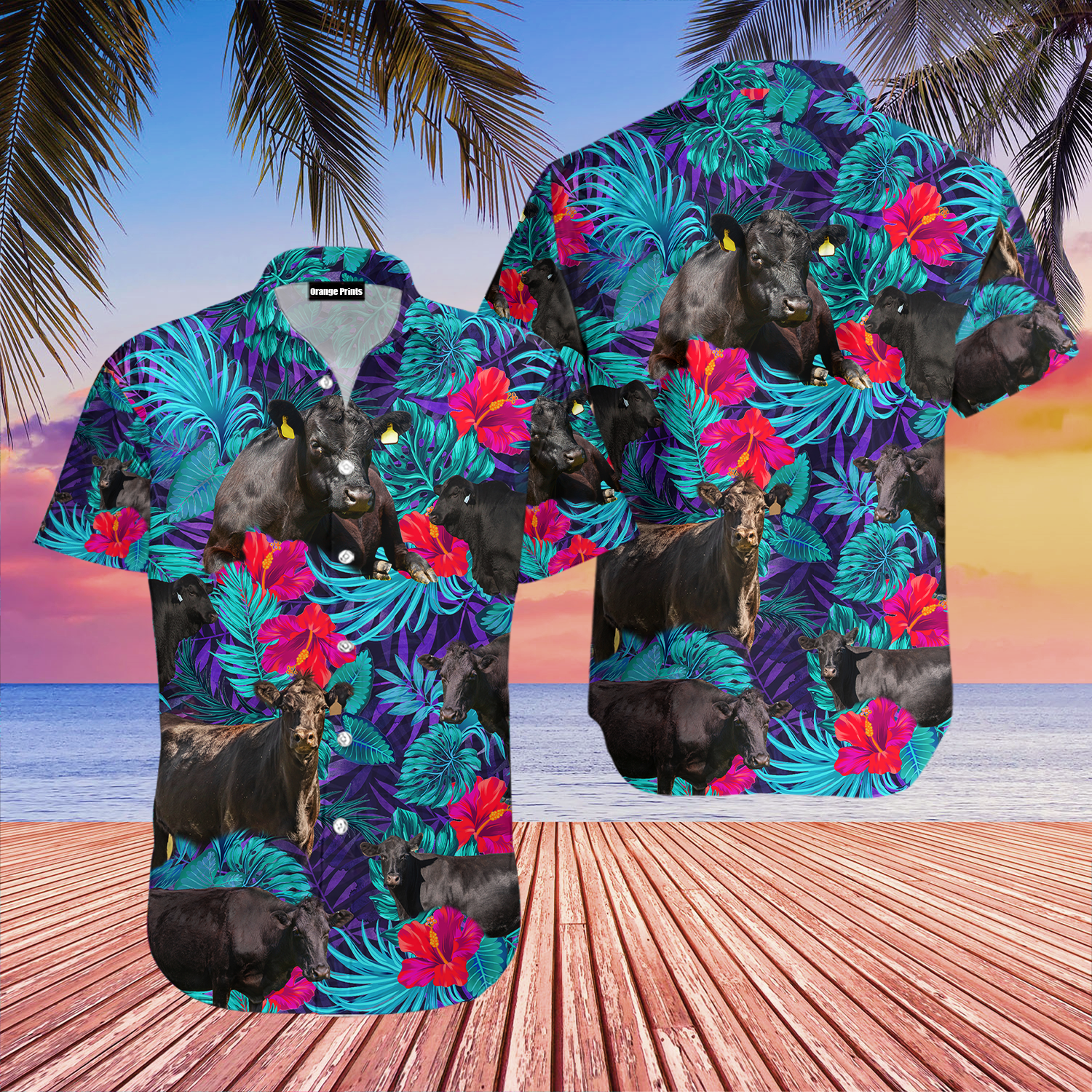 Black Angus Blue Neon Tropical Cattle Lovers Hawaii Shirt For Men Women Ha27869