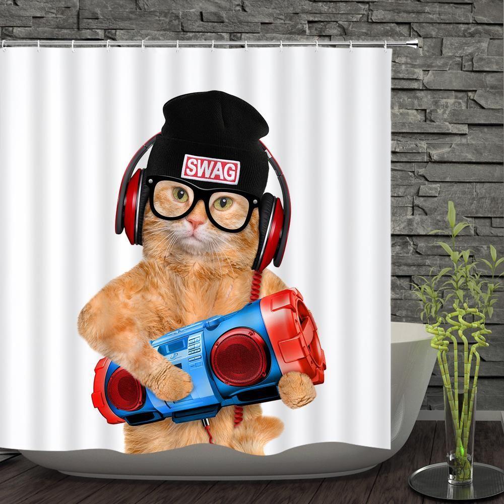 The Cute Cat Listening Music 3D Printed Shower Curtain Gift Home Decoration