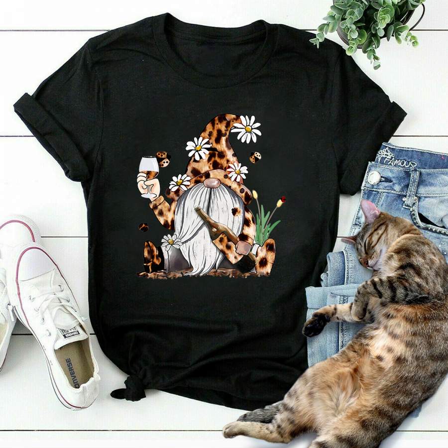 Wine leopard Gnome black cotton t shirt for men and women S-6XL