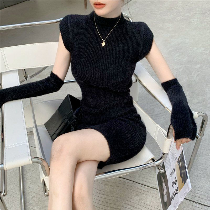 Sleeveless Dress Women Knitting O-neck Sexy Slim Korean Style Girls Elastic Sweet Streetwear Lovely Pure Fashion Chic Lady New alx