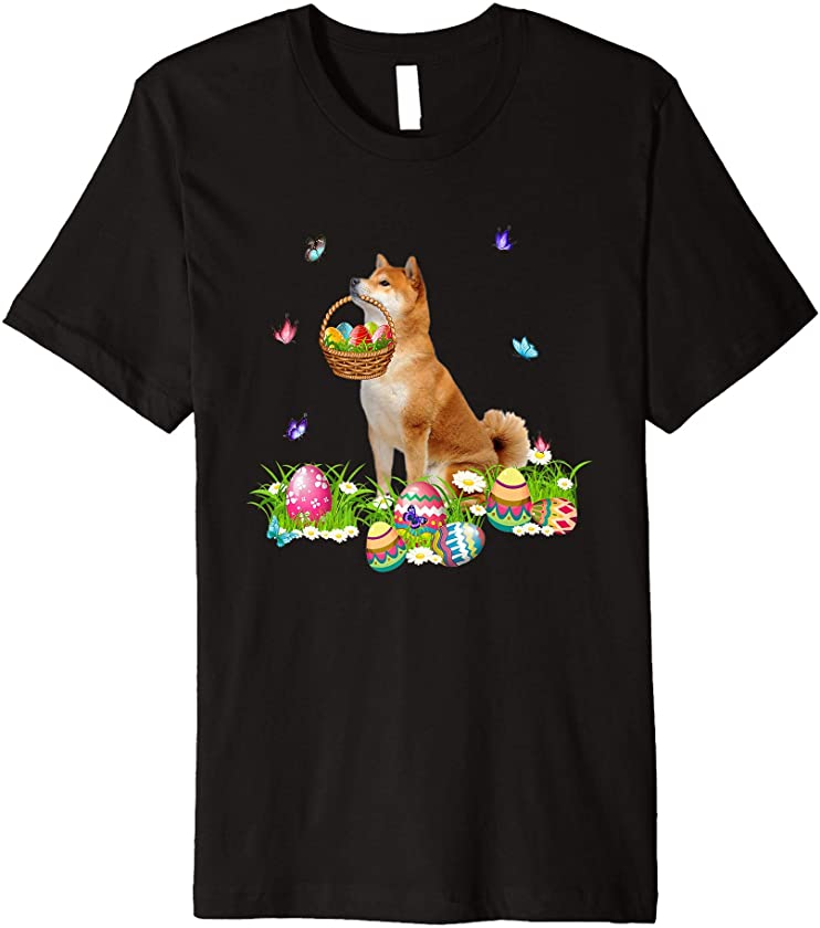 Shiba Inu Bunny Dog With Easter Eggs Basket Butterflies Premium T-Shirt