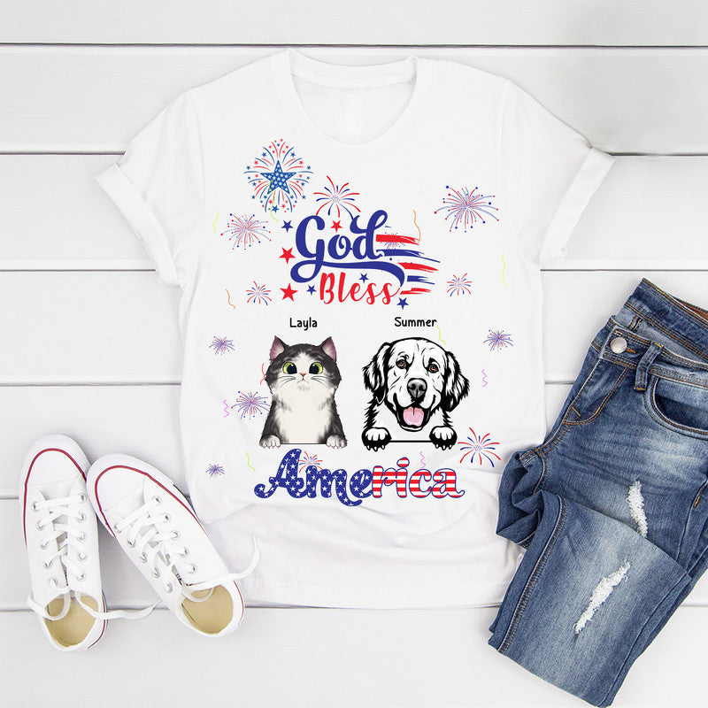 (Custom Personalised) 4Th Of July – God Bless Usa T Shirt Pets With Fireworks – White Lt8