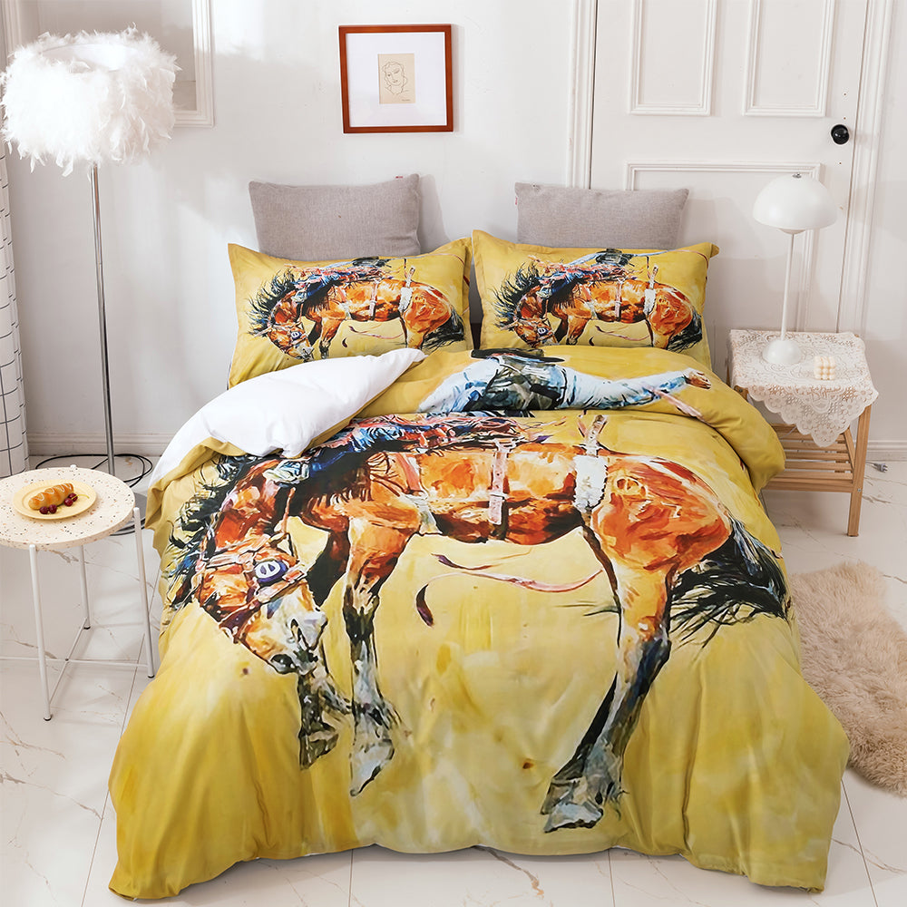 3D Oil Painting Horse Animal Cowboy Yellow Quilt Cover Set Bedding Set Duvet Cover Pillowcases Lxl