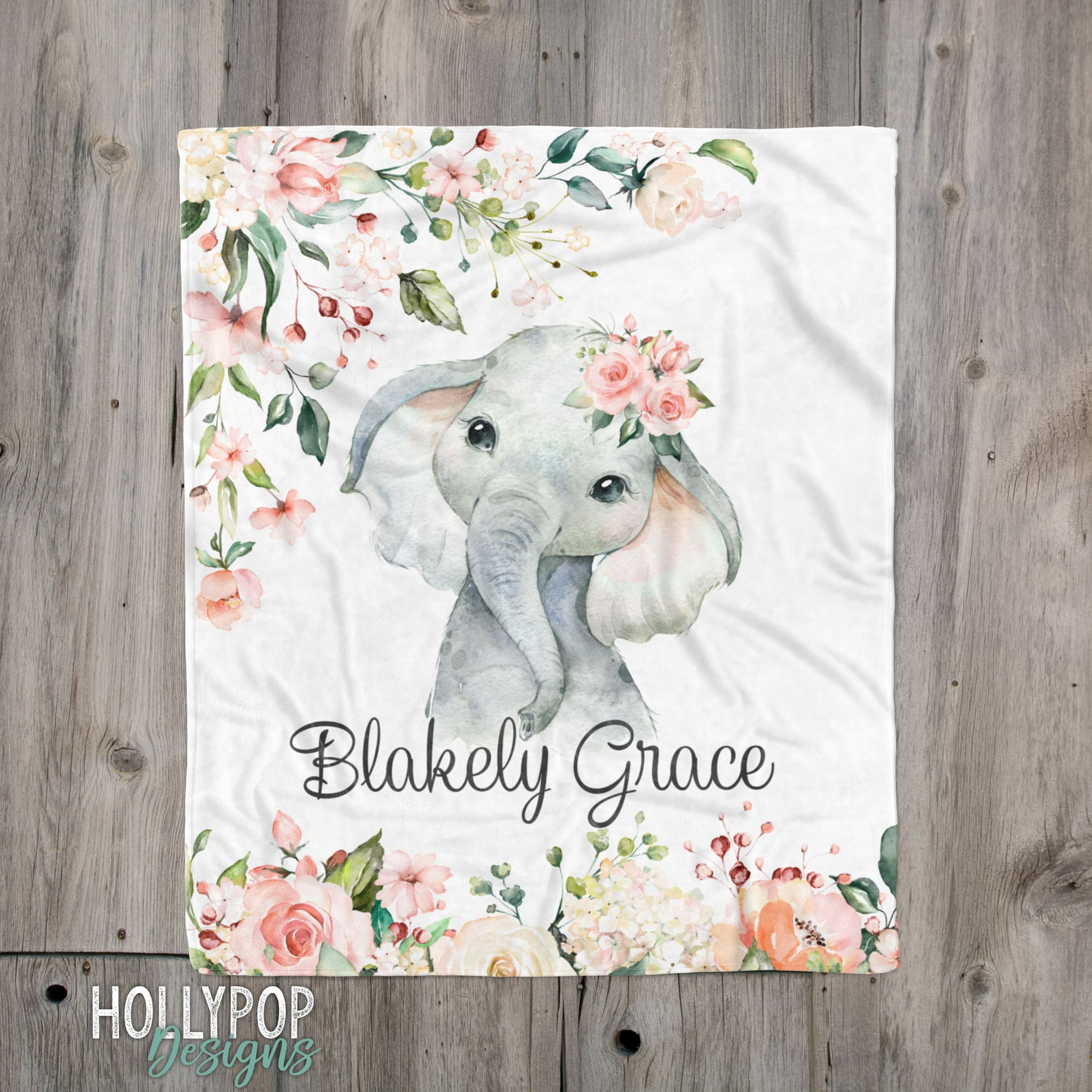 Pink Rose Floral Elephant Blanket, Floral Baby Girl Name Blanket, Newborn Girl Baby Elephant Blanket, Personalized Toddler Girl Name Blanket