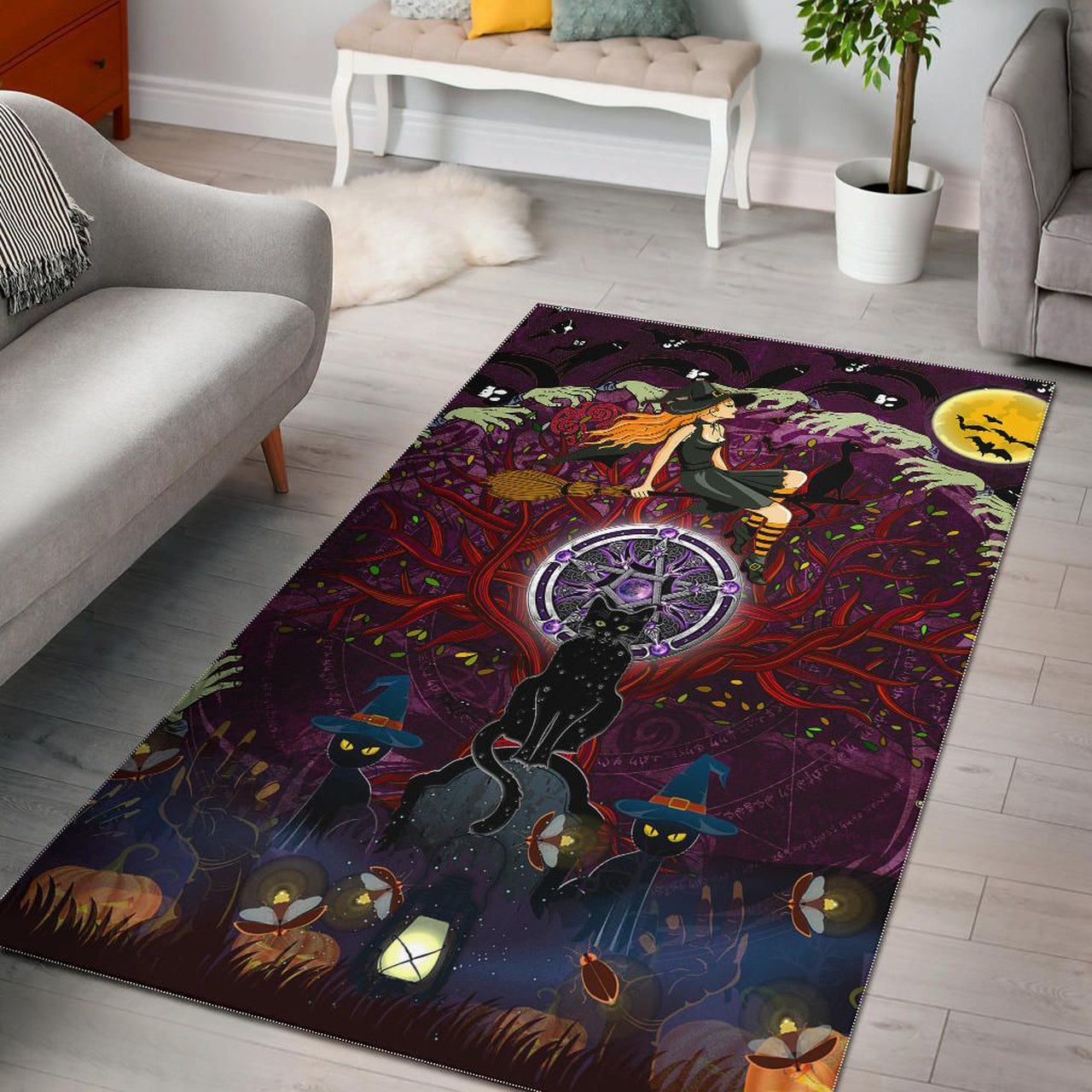 Celtic Samhain Black Cat With Pentagram Area Rug Happy Halloween