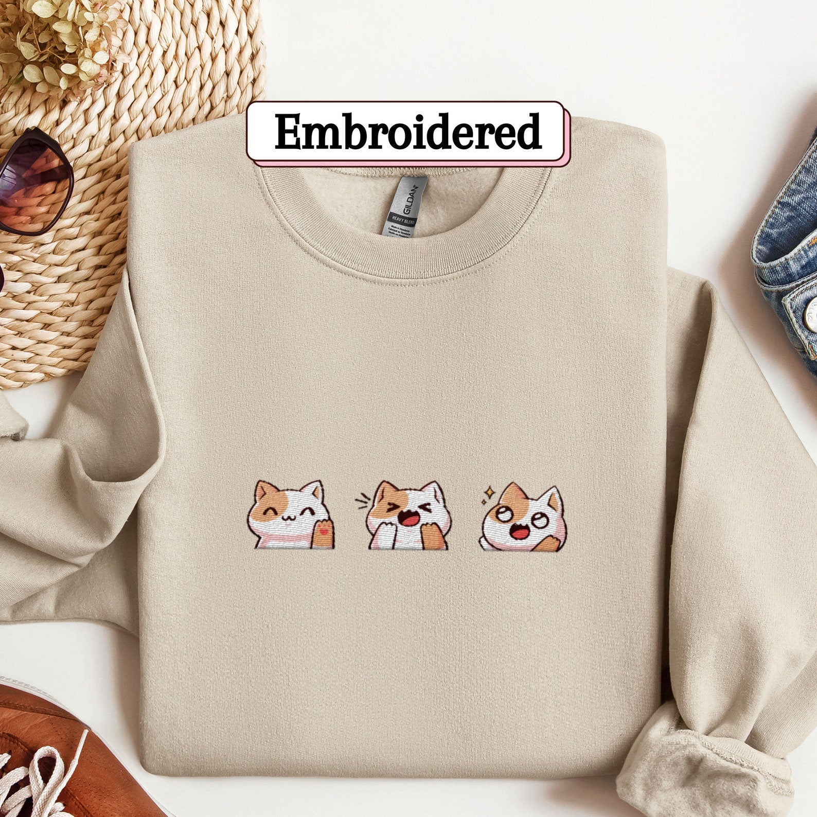 Cute Cat Embroidered Sweatshirt 2D Crewneck Sweatshirt All Over Print Sweatshirt For Women Sweatshirt For Men Sws5196