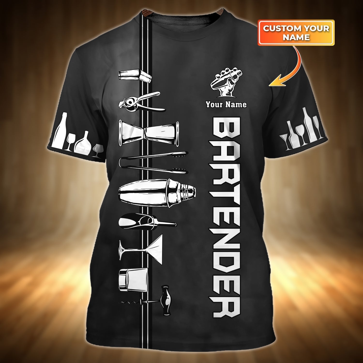 Black Bartender T Shirt, Personalized Name 3D Full Printed Bartender Shirts Short Sleeve