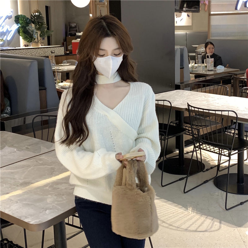 2022 Fashion Winter Knitted Sweater Pullover Women Clothes V-neck Long Sleeve Crop Slim Solid Casual Hollow Out Sweater N58 alx