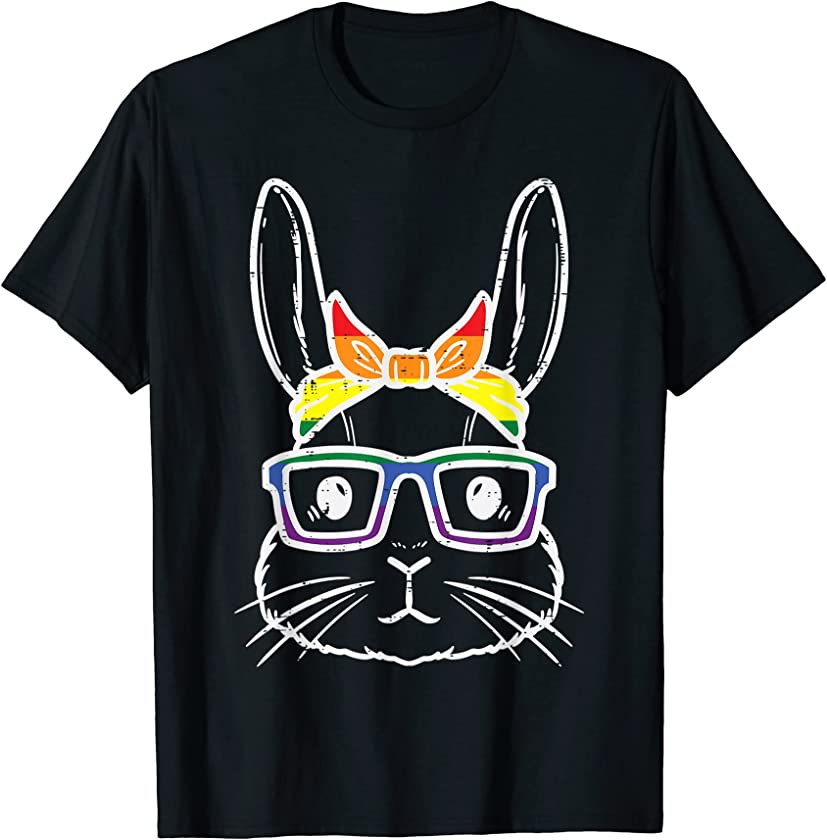 Bunny Rabbit Rainbow Bandana Glasses Easter LGBT Pride Flag T-Shirt