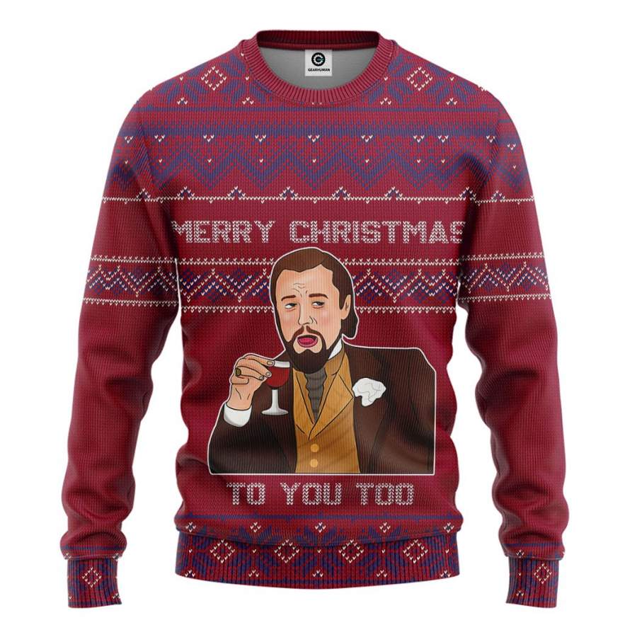 Gearhuman 3D Leonardo Dicaprio Laughing Meme Ugly Sweater Red Custom Sweatshirt Apparel