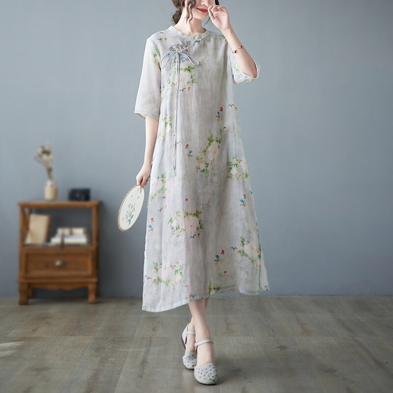 2022 New Print Floral Thin Soft Loose Cozy Chinese Style Summer Dress Robes Cheongsam Fashion Women Casual Midi Vintage Dress alx