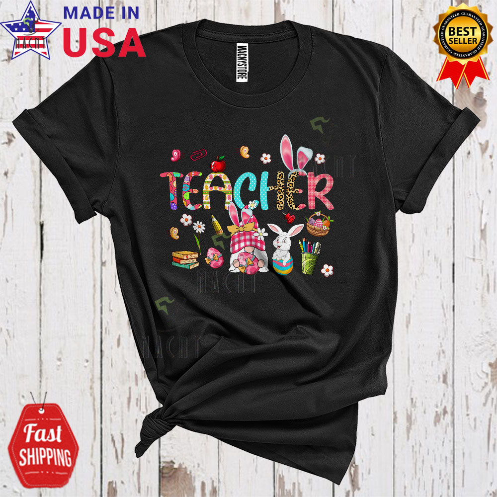 Teacher Cool Funny Easter Bunny Gnome Hunting Easter Plaid Leopard Eggs Group T-Shirt