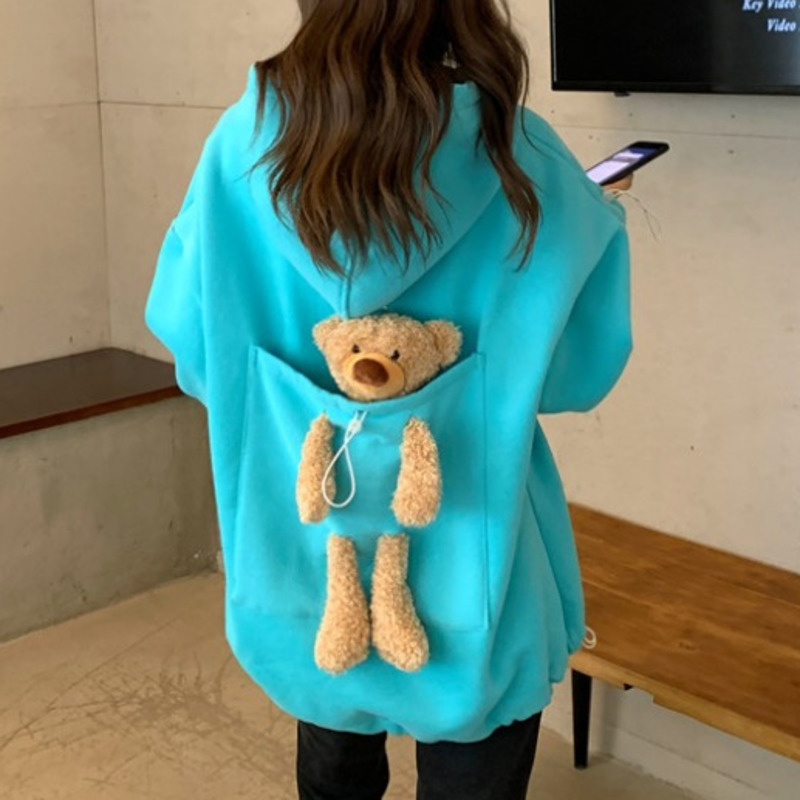 Autumn Hoodies Women Thicken Plus Velvet Bear Toy In Back Big Pocket Winter Warm Hooded Sweatshirt Couple Matching Pullovers alx