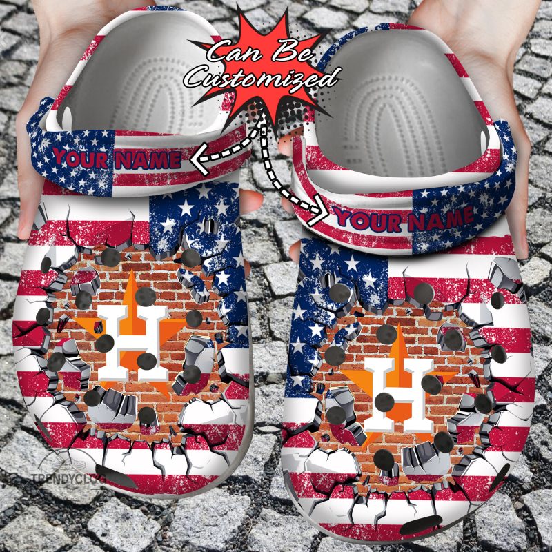 Baseball Personalized HAstros American Flag Breaking Wall Clog Shoes