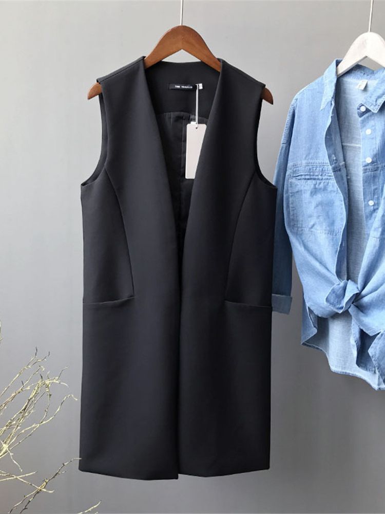 2022 Autumn Casual Black Women’s Vest Spring Elegant Long Coat Female Cardigan V-Neck Pocket Waistcoat Ladies Sleeveless Jacket alx